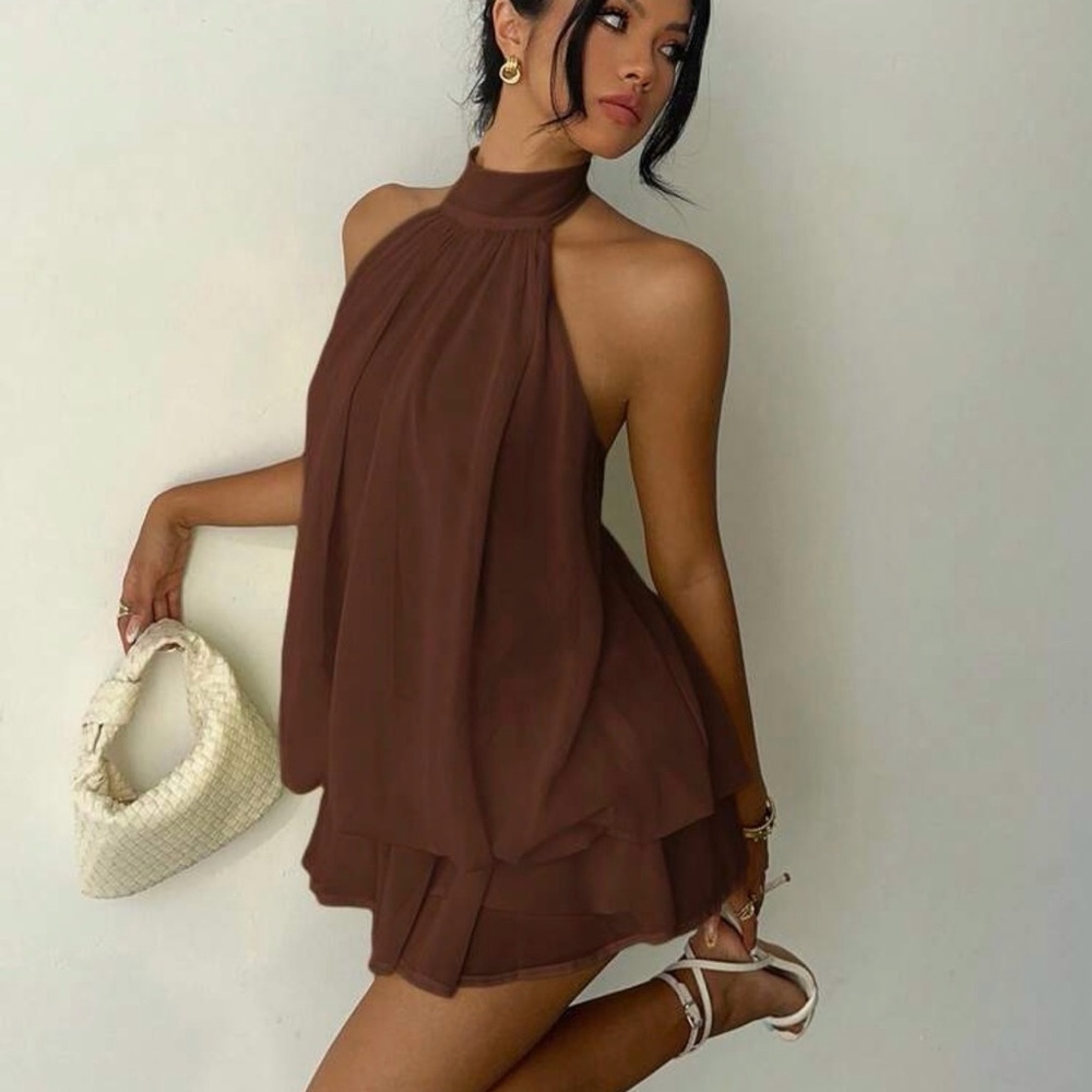 SHEIN Chocolate Brown Halter Layered Mini Dress